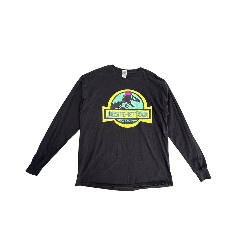 Juratchet Park Shirt Mens Large Black Long Sleeve Graphic Dinosaur Parody Gildan